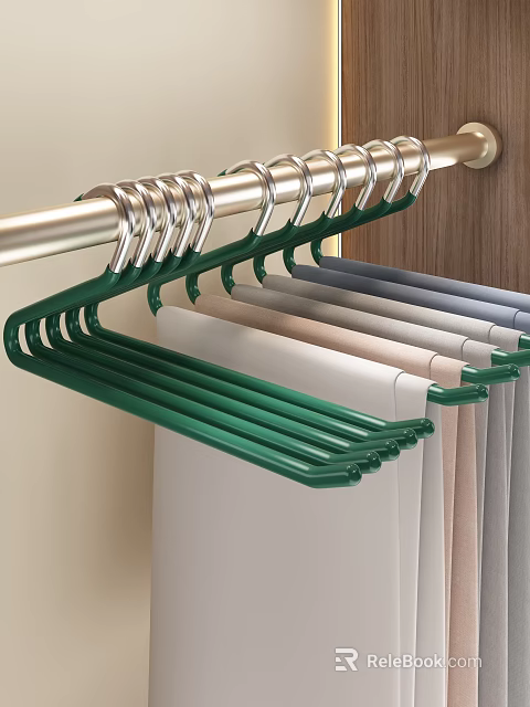 Green Non Slip Hangers On Metal Rod Holding White Beige Gray Clothes 3d model 