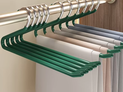 Green Non Slip Hangers On Metal Rod Holding White Beige Gray Clothes 3d model
