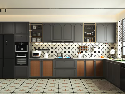 Modern Open Kitchen Interior Design With Island Counter Cabinets And Appliances 3d model