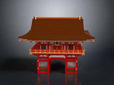 Traditional Red Architectural Gate With Brown Curved Roof And Ornate Decorative Elements 3d model