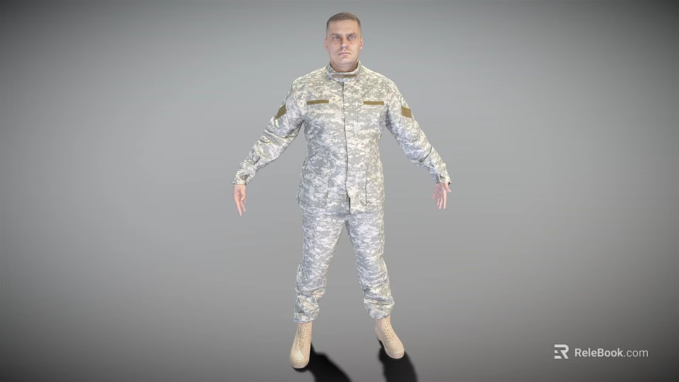 Man in Camouflage Uniform Standing with Full Body View on Grey Background 3d model 