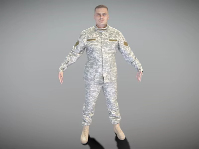 Man in Camouflage Uniform Standing with Full Body View on Grey Background 3d model