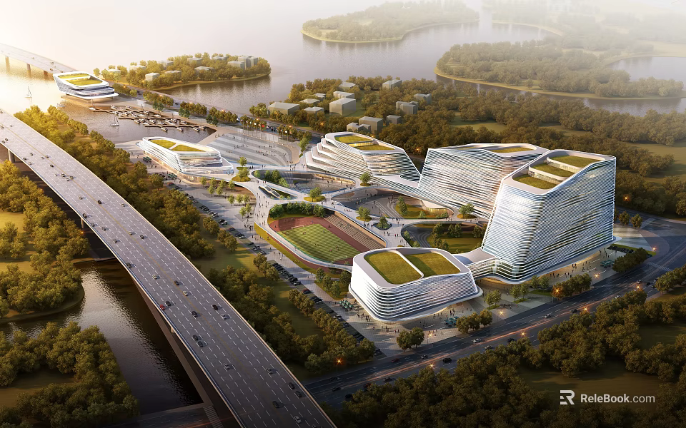 Modern Tourist Center Complex With Green Roofs River Views And Landscaped Areas 3d model 