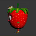 Cartoon Strawberry Character with Big Eyes Arms Legs Green Leaves and White Flower Cute Design