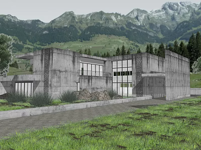 Modern Concrete Detached House with Large Glass Windows Green Grass and Mountain View 3d model