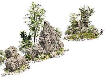 Natural Rockery Stones with Bamboo Palm Trees Small Stones and Grass 3d model
