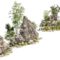 Natural Rockery Stones with Bamboo Palm Trees Small Stones and Grass