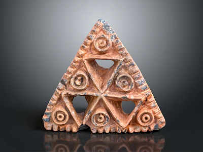 Triangular Carved Terracotta Artifact With Spiral Patterns And Hollow Decorative Design 3d model