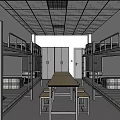 School Dormitory Interior With Bunk Beds Lockers Table And Stools Setup 3d model