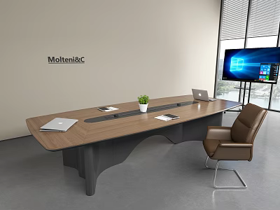 Modern Conference Table Molteni&C With Laptop Small Plant Papers Brown Chair Large Screen Window View 3d model