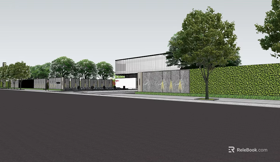 Modern Garden Landscape Design With Green Wall Trees And Entrance Area 3d model 