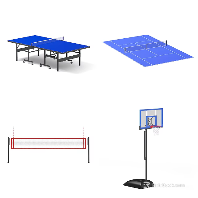 Essential Sports Equipment Including Table Tennis Table Tennis Court Volleyball Net And Basketball Hoop 3d model 