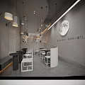 Modern Café Interior With Open Space White Counter Black Rattan Chairs And Wall Art