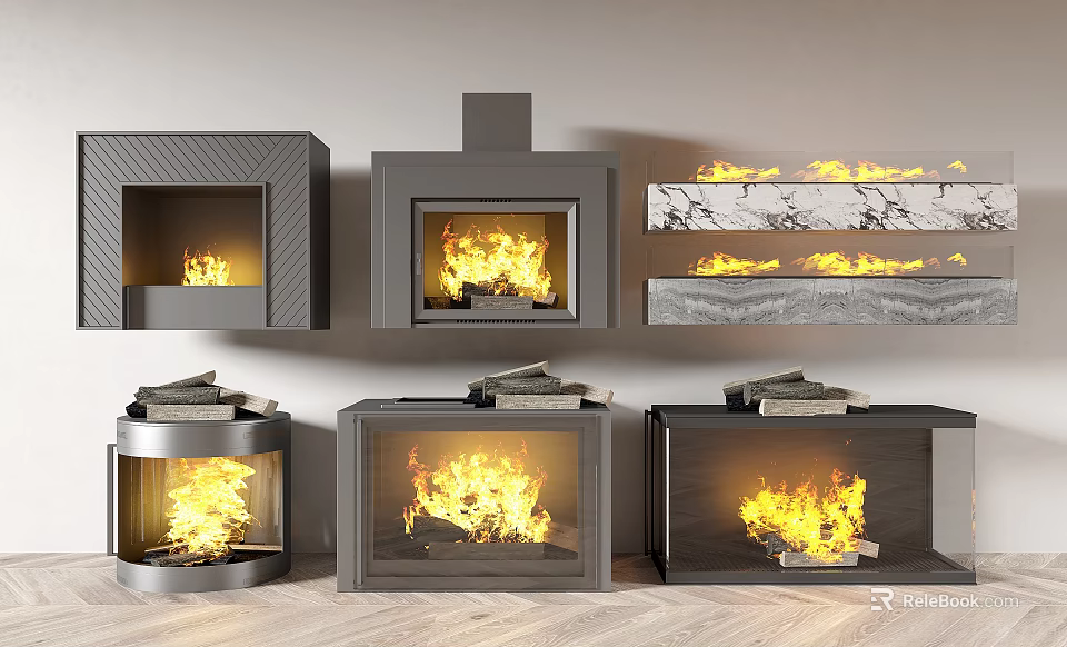 Modern Fireplace Designs With Metal Frames Burning Flames And Stacked Firewood Logs 3d model 