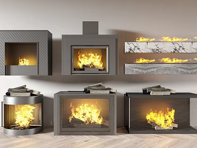 Modern Fireplace Designs With Metal Frames Burning Flames And Stacked Firewood Logs 3d model