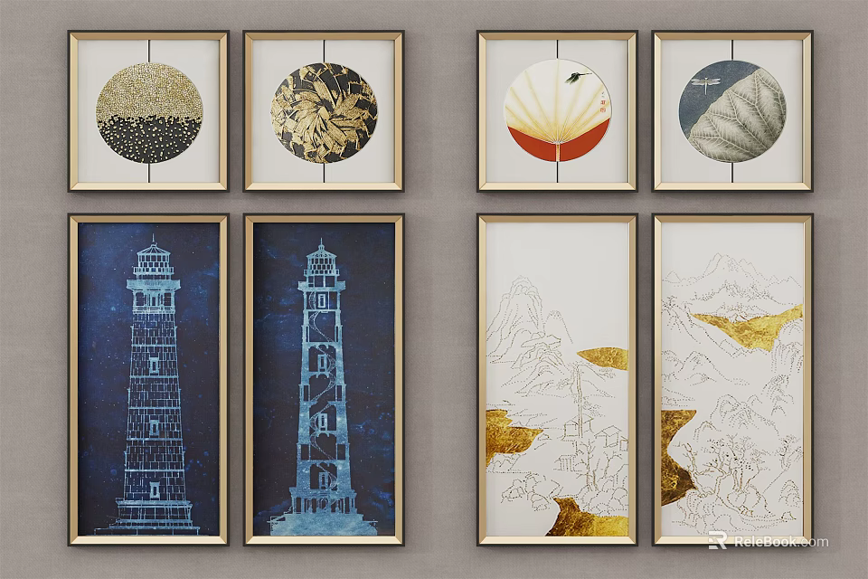 Decorative Wall Art With Circular Rectangular Framed Lighthouse Mountain And Gold Accents 3d model