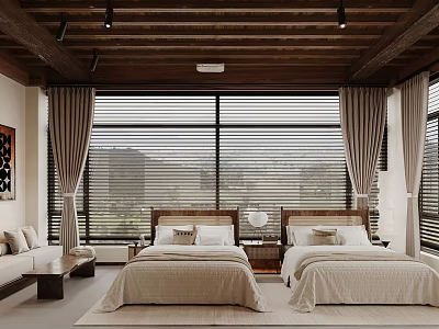 Elegant Hotel Room Interior With Twin Beds Large Windows Curtains And Wooden Ceiling 3d model