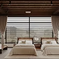 Elegant Hotel Room Interior With Twin Beds Large Windows Curtains And Wooden Ceiling