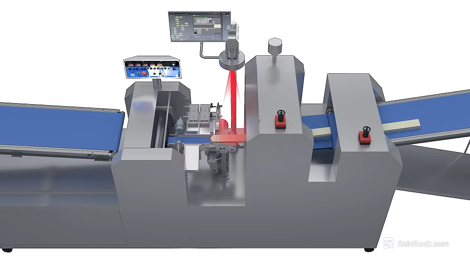 Automated Industrial Equipment Featuring Silver Metal Construction Control Panel Conveyor Belt And Red Components 3d model 