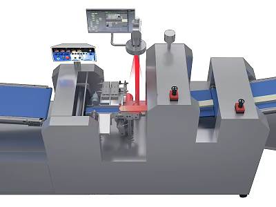 Automated Industrial Equipment Featuring Silver Metal Construction Control Panel Conveyor Belt And Red Components 3d model