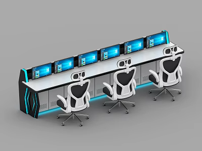Modern Control Console Setup With Multiple Monitors Ergonomic Chairs And LED Lighting 3d model
