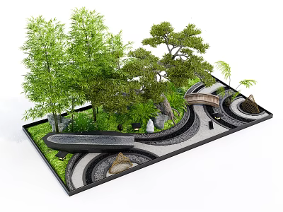 Zen Karesansui Dry Landscape Garden With Winding Path Bamboo Trees And Stone Bridge 3d model
