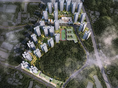 Aerial Planning of Urban Residential Layout With High Rise Buildings Green Spaces And Roads 3d model