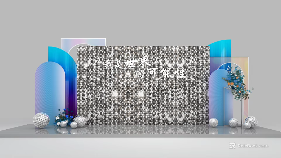 Decorative Event Backdrop With Silver Sequin Wall Colorful Curved Decorations Ornaments And Flower Arrangements 3d model 
