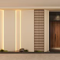 Modern Foyer Design With White Walls Vertical Light Strips Decorative Niche And Dark Wooden Door