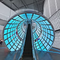 Modern Tech Exhibition Hall Interior With Spiral Glass Structure And Blue Lighting
