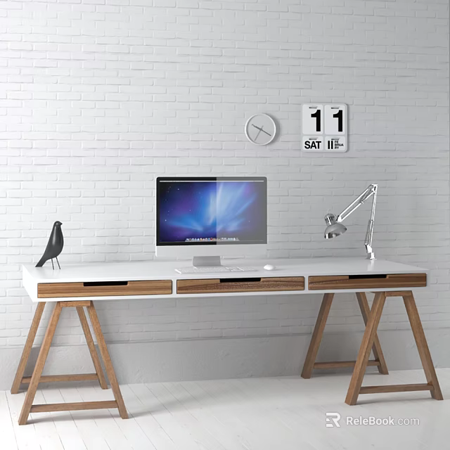 Modern Office Desk With Computer Monitor Desk Lamp And Bird Ornament On White Brick Wall 3d model 