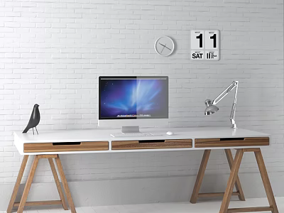 Modern Office Desk With Computer Monitor Desk Lamp And Bird Ornament On White Brick Wall 3d model