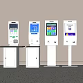 Modern Self Service Commercial Kiosks Four White Units With Digital Displays In Indoor Business Setting