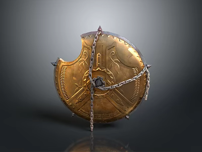 Ancient Medieval Golden Broken Shield With Intricate Carved Patterns And Chain 3d model