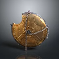 Ancient Medieval Golden Broken Shield With Intricate Carved Patterns And Chain 3d model