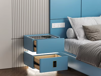 Blue Modern Bedside Table With Open Drawer And Wooden Interior In Bedroom 3d model