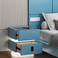 Blue Modern Bedside Table With Open Drawer And Wooden Interior In Bedroom