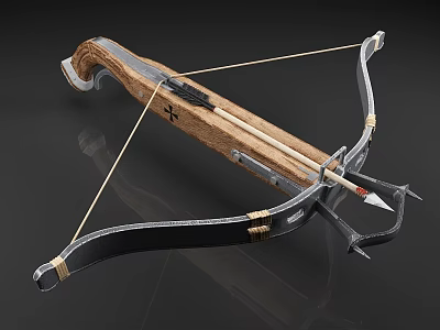 Traditional Wooden And Metal Crossbow Weapon With Arrow Bowstring And Mechanical Structure 3d model