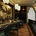 Classic Restaurant Interior With Wooden Decor Hanging Lanterns And Dining Tables