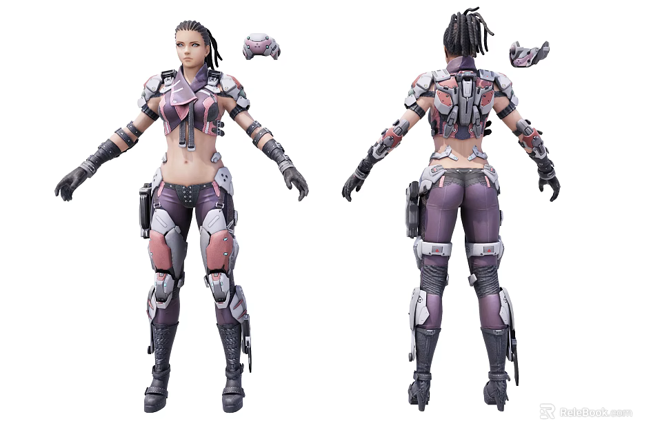 Futuristic Game Movie Character Purple Silver Armored Suit with Detailed Mechanical Parts Front Back View 3d model 