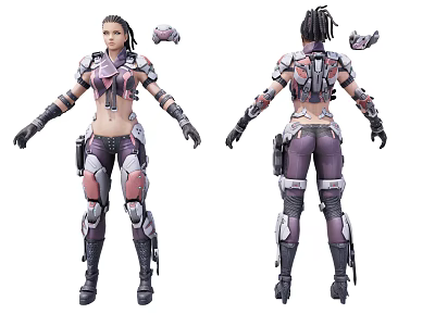 Futuristic Game Movie Character Purple Silver Armored Suit with Detailed Mechanical Parts Front Back View 3d model