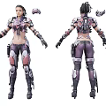 Futuristic Game Movie Character Purple Silver Armored Suit with Detailed Mechanical Parts Front Back View