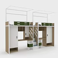 Modern Bunk Bed With White Green Storage Drawers Cabinets And Study Desk 3d model
