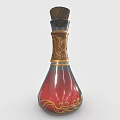 Three Decorative Glass Bottles With Red Blue Yellow Liquids Gold Patterns And Wooden Stoppers