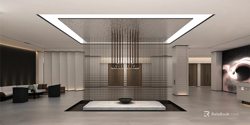 Modern Minimalist Reception Lobby With Delicate Wire Partition And Warm Ambient Indoor Lighting 3d model 