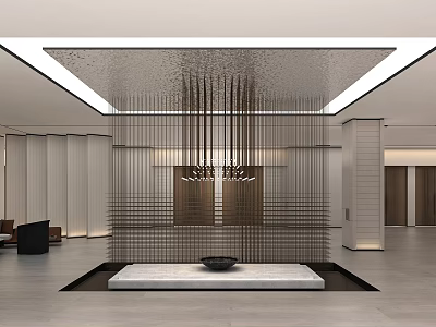 Modern Minimalist Reception Lobby With Delicate Wire Partition And Warm Ambient Indoor Lighting 3d model