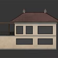 Cartoon Style House Model With Red Roof Beige Walls Balconies And Garage Door
