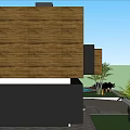 Modern Detached Villa with Large Glass Windows Outdoor Patio and Palm Trees Greenery