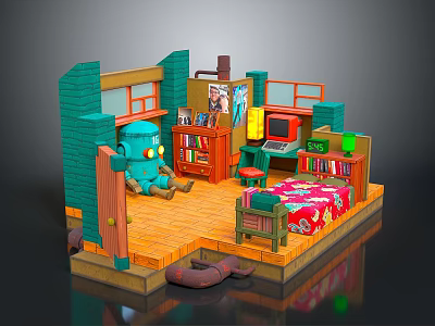 Cartoon Room Scene With Green Walls Bookshelf TV Colorful Bedspread And Wooden Floor 3d model