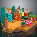 Cartoon Room Scene With Green Walls Bookshelf TV Colorful Bedspread And Wooden Floor